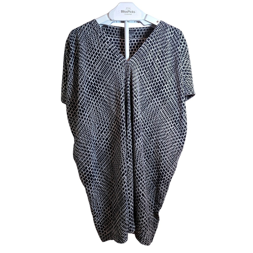 Vince 100% Silk‎ Geometric V Neck Tunic Dress Women Gray White Long Sleeve